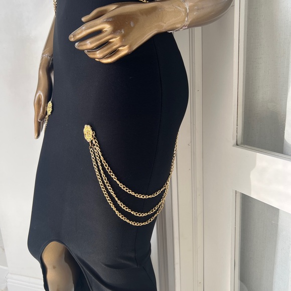 Brand New! Elegant Black Dress with Gold Accents - Picture 3 of 10